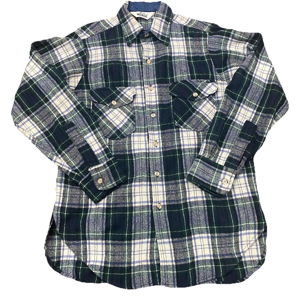 VTG 90s Woolrich Plaid Flannel Shirt Jacket Navy Green L USA Flannel Heavy